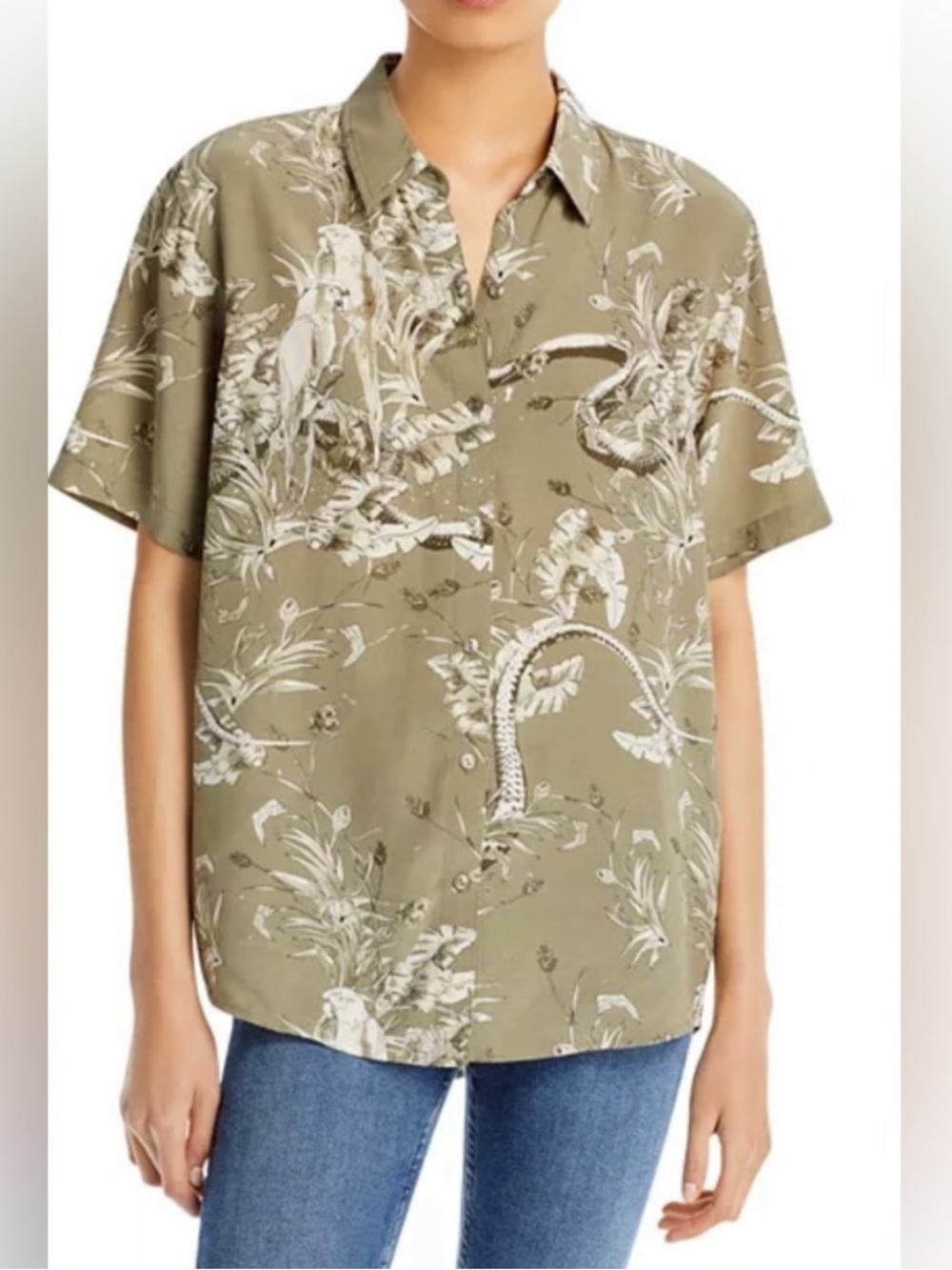 Anine Bing Bruni Tropical Print Short Sleeve Button Front Shirt Medium